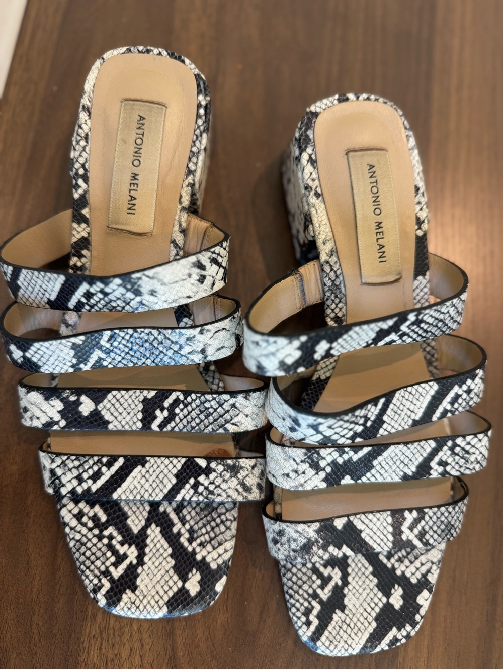 ANTONIO MELANI Black & White Snake-Print Strappy Block Heels